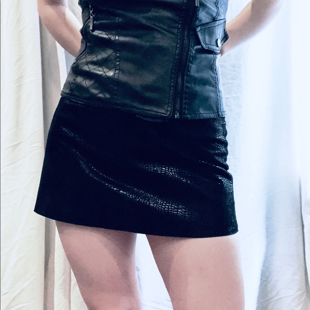 Bebe black leather snakeskin print mini skirt